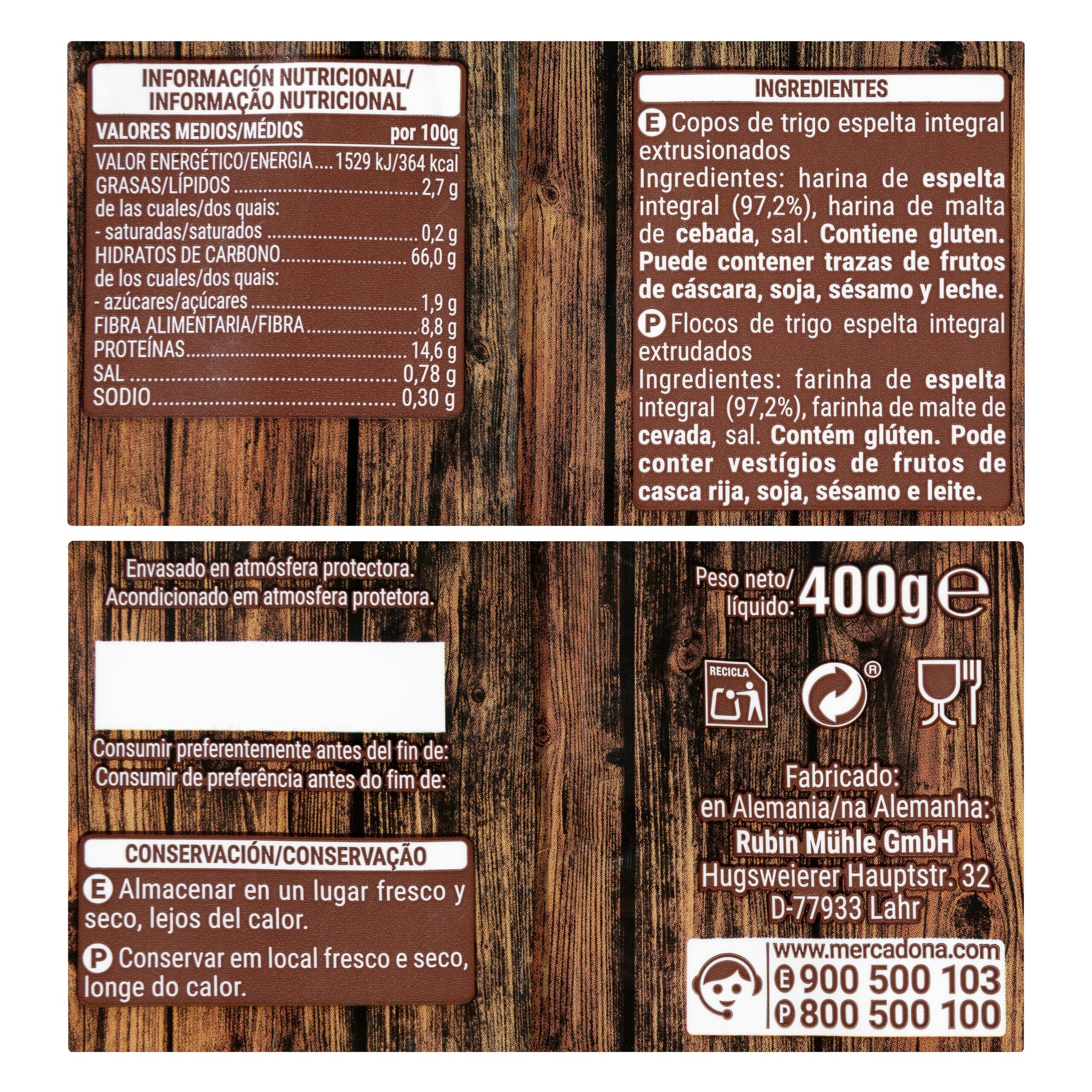 Etiqueta Cereales copos de trigo espelta integral Hacendado 0% azúcares añadidos